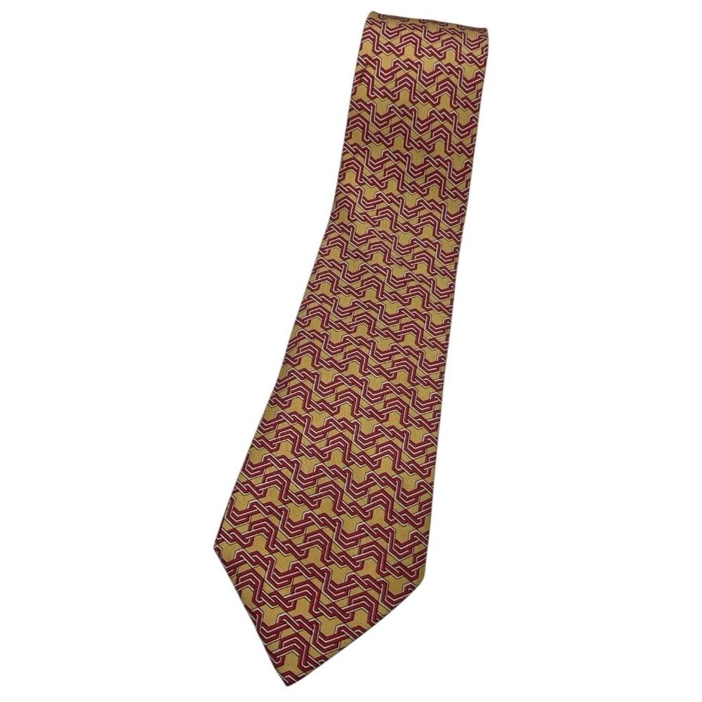 HERMÈS Men's 100% Silk Necktie LUXURY 7665 TA Beige Red Geometric W:3.6" EUC